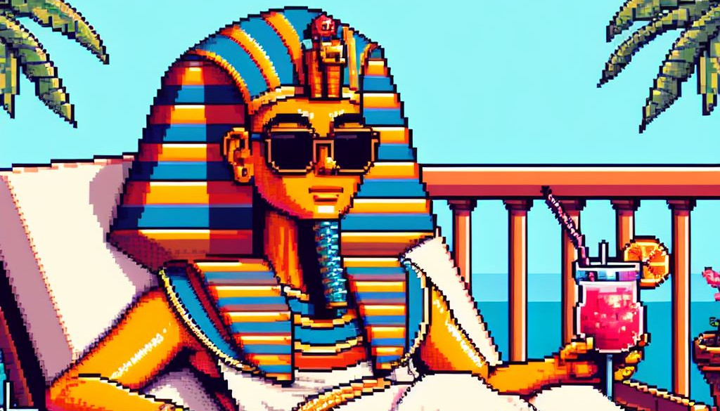 DALL·E 3: A relaxing pharaoh, pixel art